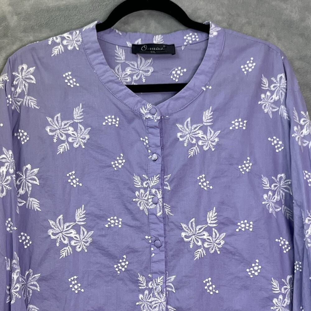O-necue‎ Popover Blouse Embroidered Womens 5XL Purple Floral Long Sleeve Cotton - Picture 2 of 16